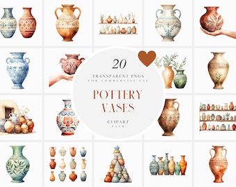 May include: A set of 20 watercolor illustrations of pottery vases in various styles and colors. The vases are depicted in different arrangements, including on shelves, in hands, and with plants. The illustrations are perfect for crafting, scrapbooking, and other creative projects.