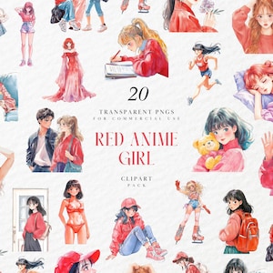 Watercolor Red Anime Girl Clipart, Cute Japanese Character Illustration, Cozy Kawaii Aesthetic Art, Transparent PNG Graphics, Commercial Use