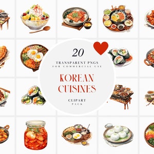 Watercolor Korean Cuisine Clipart, Korean Food Clipart, East Asian Authentic Traditional Food PNG, Transparent PNG Graphics, Commercial Use