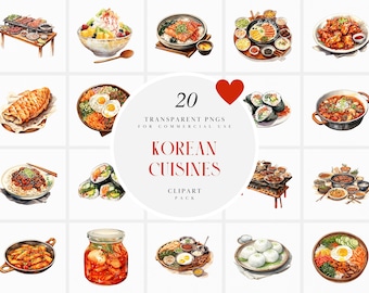 Watercolor Korean Cuisine Clipart, Korean Food Clipart, East Asian Authentic Traditional Food PNG, Transparent PNG Graphics, Commercial Use