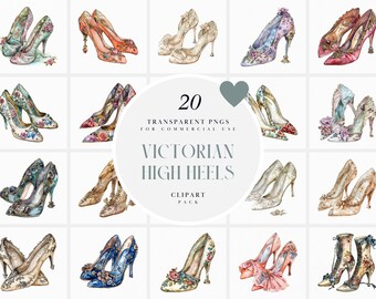 Watercolor Victorian High Heels Clipart, Ladies Shoes Clipart, Antique Fancy Womens Heel Clipart, Transparent PNG Graphics, Commercial Use