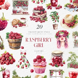 Puede incluir: Un paquete de imágenes prediseñadas digitales con ilustraciones de acuarela de frambuesas. Las imágenes incluyen frambuesas en cestas, sobre libros y como parte del diseño de un vestido. El texto "RASPBERRY GIRL" se muestra de forma destacada.