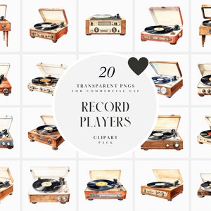 Clipart de toca-discos de vinil retrô aquarela, clipart de toca-discos vintage, clipart de tocador de música, gráficos PNG transparentes, uso comercial