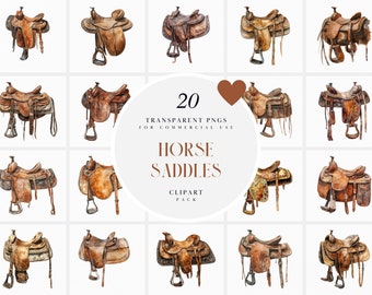 May include: A set of 20 watercolor illustrations of horse saddles. The saddles are in various styles and colors, with some featuring intricate details. The illustrations are perfect for use in digital scrapbooking, crafting, and other creative projects.
