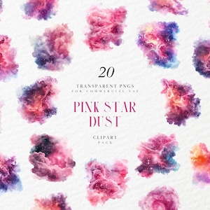 May include: 20 watercolor galaxy clipart images in pink, purple, and blue tones. The images are transparent PNG files and are perfect for commercial use. The text "Pink Star Dust" is written in a pink font.