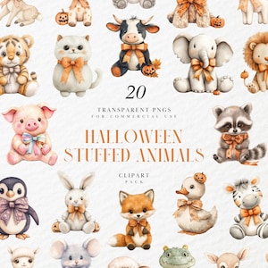 Aquarell Halloween Plüschtiere Clipart, niedliche Oktober Plüschtiere, Herbst gruselige weiche Puppen, transparente PNG Grafiken, kommerzielle Nutzung