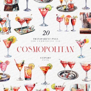 Clipart cosmopolite aquarelle, illustration cocktail rose signature, boisson pour la fête de la mariée, décoration de menu de bar, PNG transparent, usage commercial