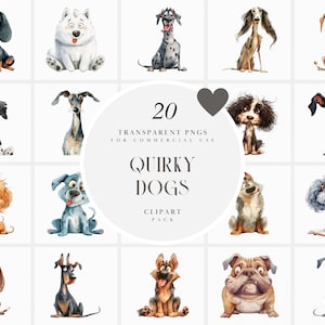 Watercolor Quirky Dogs Clipart, Cute Funny Dogs Clipart, Whimsical Puppies, Home Pet Dog Clipart, Transparent PNG Graphics, Commercial Use