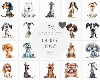 Watercolor Quirky Dogs Clipart, Cute Funny Dogs Clipart, Whimsical Puppies, Home Pet Dog Clipart, Transparent PNG Graphics, Commercial Use