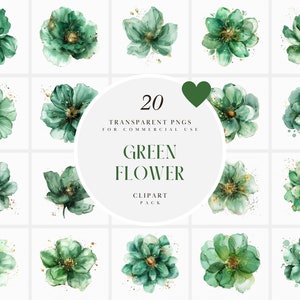 Watercolor Boho Chic Green Flower Clipart, Transparent Sheer Flowers, Opaque Florals, Translucent, Transparent PNG Graphics, Commercial Use