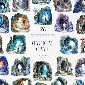Watercolor Magical Cave Clipart, Enchanted Rock Grotto, Mystical Fantasy Hideout, Glowing Stones, Transparent PNG Graphics, Commercial Use