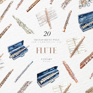 May include: A set of 20 watercolor illustrations of flutes, sheet music, and flute cases. The illustrations are in shades of brown, gold, and blue. The text "20 TRANSPARENT PNGS FOR COMMERCIAL USE FLUTE CLIPART PACK" is included in the image.