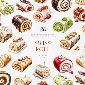 Aquarell Biskuitrolle Clipart, Gebäck-Dessert-Illustrationen, Kuchen-Stück, Geburtstags-Back-Grafik, transparente PNG-Grafik, kommerzielle Nutzung