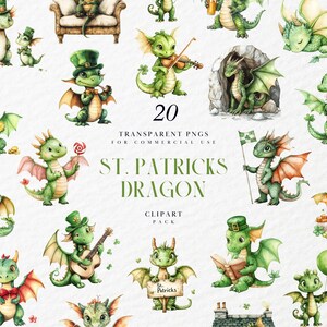 May include: A set of 20 digital clipart images featuring watercolor illustrations of green dragons wearing shamrock hats and holding various St. Patrick's Day themed items. The images are transparent PNGs for commercial use.