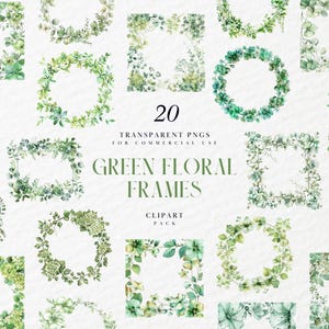 May include: A set of 20 green floral frames, perfect for adding a touch of nature to your designs. The frames are made of watercolor illustrations of leaves and flowers, and are available as transparent PNG files for commercial use.