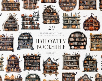 水彩画のハロウィーン本棚クリップアート、不気味なダークアカデミアスタイル、幽霊が出る図書館シーンの要素、透明PNGグラフィック、商用利用可