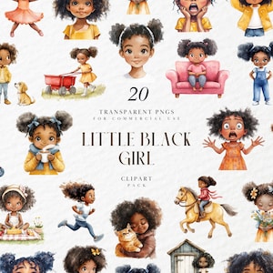 Clipart de niña negra en acuarela, adorables niños afroamericanos, regreso a clases, gráficos infantiles diversos, PNG transparente, uso comercial