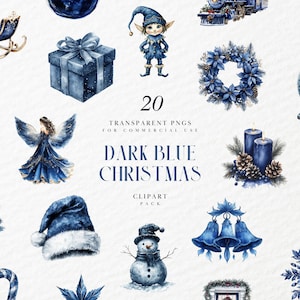 Puede incluir: Un conjunto de 20 imágenes de clipart navideñas de color azul oscuro. Las imágenes incluyen un árbol de Navidad, un muñeco de nieve, un cascanueces, una caja de regalo, una corona, una bola de nieve, un bastón de caramelo, una campana, un copo de nieve, un ángel, un elfo, un Papá Noel, un trineo y velas. Las imágenes están todas en un estilo de acuarela y son perfectas para agregar un toque de magia invernal a tus proyectos.
