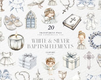 Watercolor White & Silver Baptism Elements Clipart, Christening Symbols Dove, Rosary, For Invites, Transparent PNG Graphics, Commercial Use