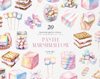May include: Watercolor clipart pack featuring pastel marshmallows in various forms. Includes square marshmallows, marshmallow pops, and s'mores. The image also includes jars of marshmallows and a clear bag of marshmallows. The text on the image says "20 Transparent PNGs for Commercial Use Pastel Marshmallow Clipart Pack."