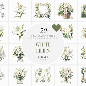 Aquarelle fleurs de lys blancs Clipart, Clipart floral de lys blanc, Clipart fleur de lys, bouquet de fleurs blanches, Format PNG pour un usage Commercial