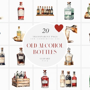 Aquarel oude alcoholflessen clipart, gerijpte likeur fles clipart, drank glazen fles clipart, transparante PNG-graphics, commercieel gebruik
