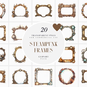 Clipart cadre Steampunk aquarelle, clipart cadres steampunk, éléments fantastiques, éphémères anciens, graphiques PNG transparents, usage Commercial