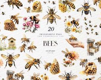 Watercolor Realistic Bee Clipart, Flying Yellow Bees, Hive, Honeybee, Bumblebee, Spring, Flowers, Honey, Transparent PNG, Commercial Use