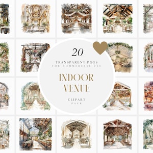 Imágenes prediseñadas de lugar de celebración de bodas en interiores con acuarela, elegante, de lujo, boda de destino, capilla, iglesia, granero, gráficos PNG transparentes, uso comercial