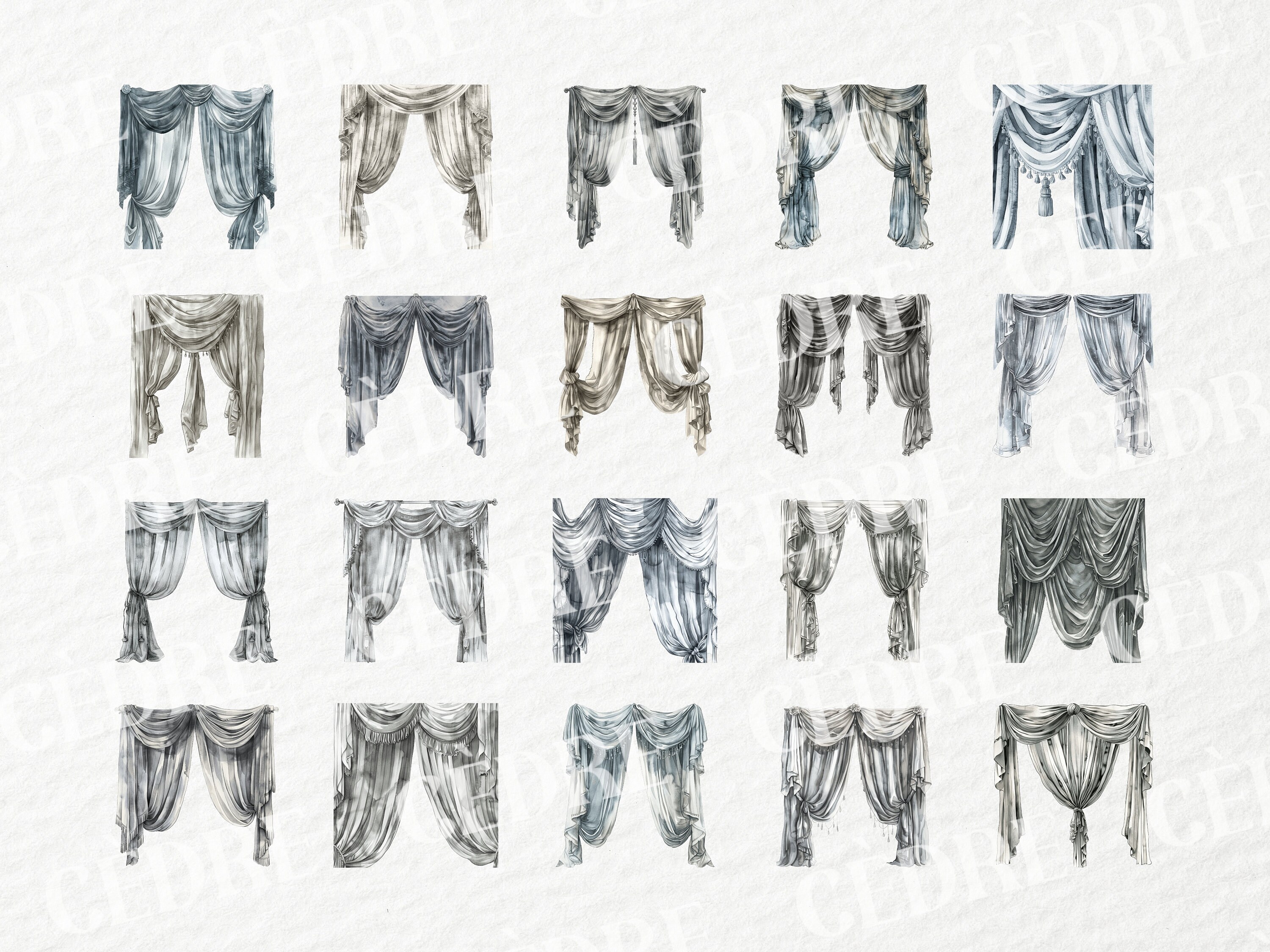 Watercolor Gray Drapes Clipart, Window Drape Clipart, Card Making ...