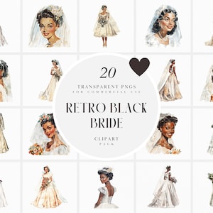 Clipart de noiva preta retrô aquarela, clipart de noiva vintage pin up afro-americana, anos 40, 50, 60, gráfico PNG transparente, uso comercial