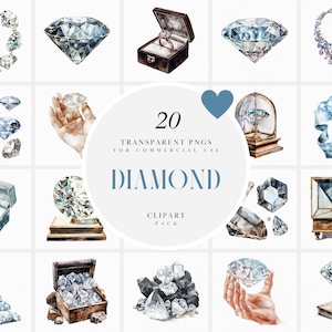 Watercolor Clear Diamond Clipart, Crystal Diamonds Stone, Shiny Gem Diamond Gemstone Clipart, Transparent PNG Graphics, Commercial Use