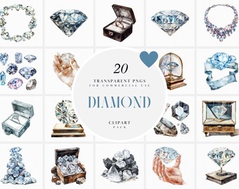 May include: A set of 20 watercolor illustrations of diamonds in various settings, including a ring, a necklace, and a loose stone. The illustrations are in a vintage style and are perfect for use in digital or printed projects.