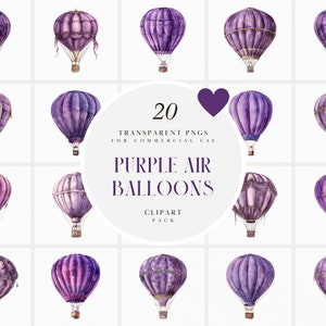 Clipart de balão de ar quente roxo aquarela, clipart de balões de ar quente roxo, flutuante, dirigível, aeronave, PNG transparente, uso comercial