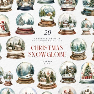 Clipart di un globo di neve natalizio ad acquerello, scena invernale incantata, miniatura festiva, grafica innevata, PNG trasparente, uso commerciale
