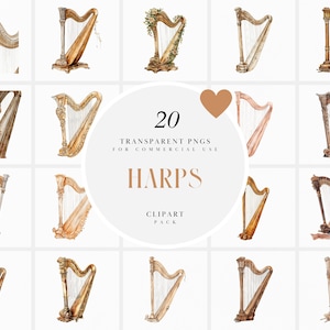 Watercolor Harp Clipart, Classic Harps Clipart, Musical String Instrument Clipart, Harp Player Clipart, Transparent PNG, Commercial Use