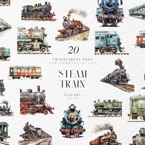 Imágenes prediseñadas de tren de vapor de acuarela, locomotoras, Cho Cho, victoriano, sistemas de transporte, gráficos PNG transparentes, uso comercial