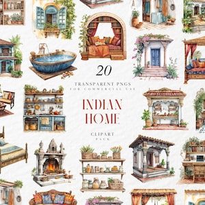 Könnte beinhalten: Aquarell-Clipart-Paket mit 20 transparenten PNGs von indischen Wohnelementen. Die Illustrationen umfassen architektonische Designs, Möbel und dekorative Gegenstände, perfekt für den kommerziellen Gebrauch. Der Text "INDIAN HOME" ist in der Mitte zu sehen.