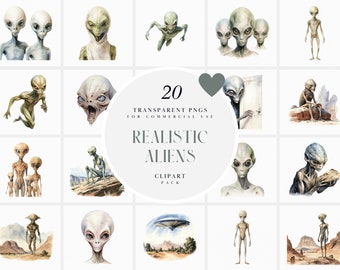 Watercolor Realistic Alien Clipart, Realistic Alien Clipart, UFO Paranormal Clipart, Space, Galaxy, Transparent PNG Graphics, Commercial Use