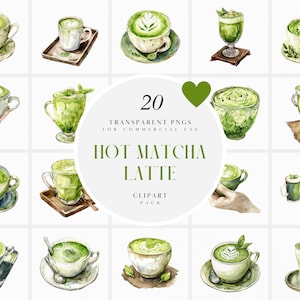 Clipart di latte matcha caldo ad acquerello, Clipart di tè matcha verde tradizionale, bevanda dolce con caffeina, grafica PNG trasparente, uso commerciale