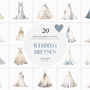 Clipart di abiti da sposa ad acquerello, clipart di abiti da sposa bianchi, clipart di abiti da sposa da sposa, abito da sposa, formato PNG per uso commerciale