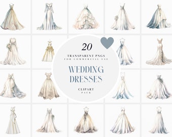Watercolor Wedding Dresses Clipart, White Wedding Dress Clipart, Bridal Wedding Gowns Clipart, Wedding Gown, PNG Format for Commercial Use
