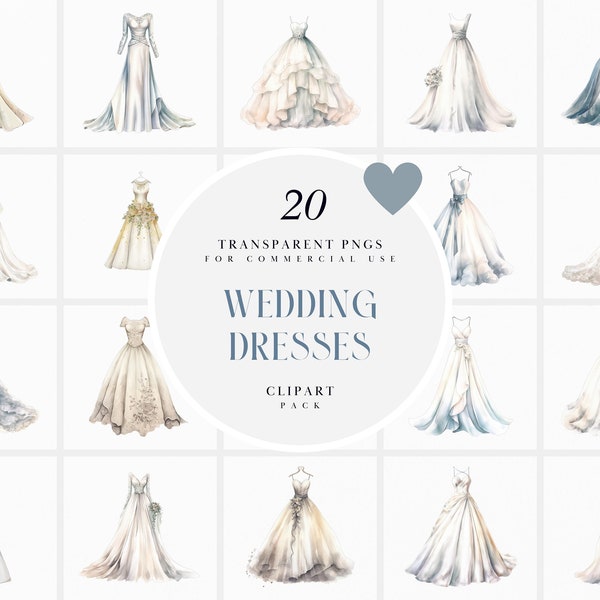 Watercolor Wedding Dresses Clipart, White Wedding Dress Clipart, Bridal Wedding Gowns Clipart, Wedding Gown, PNG Format for Commercial Use