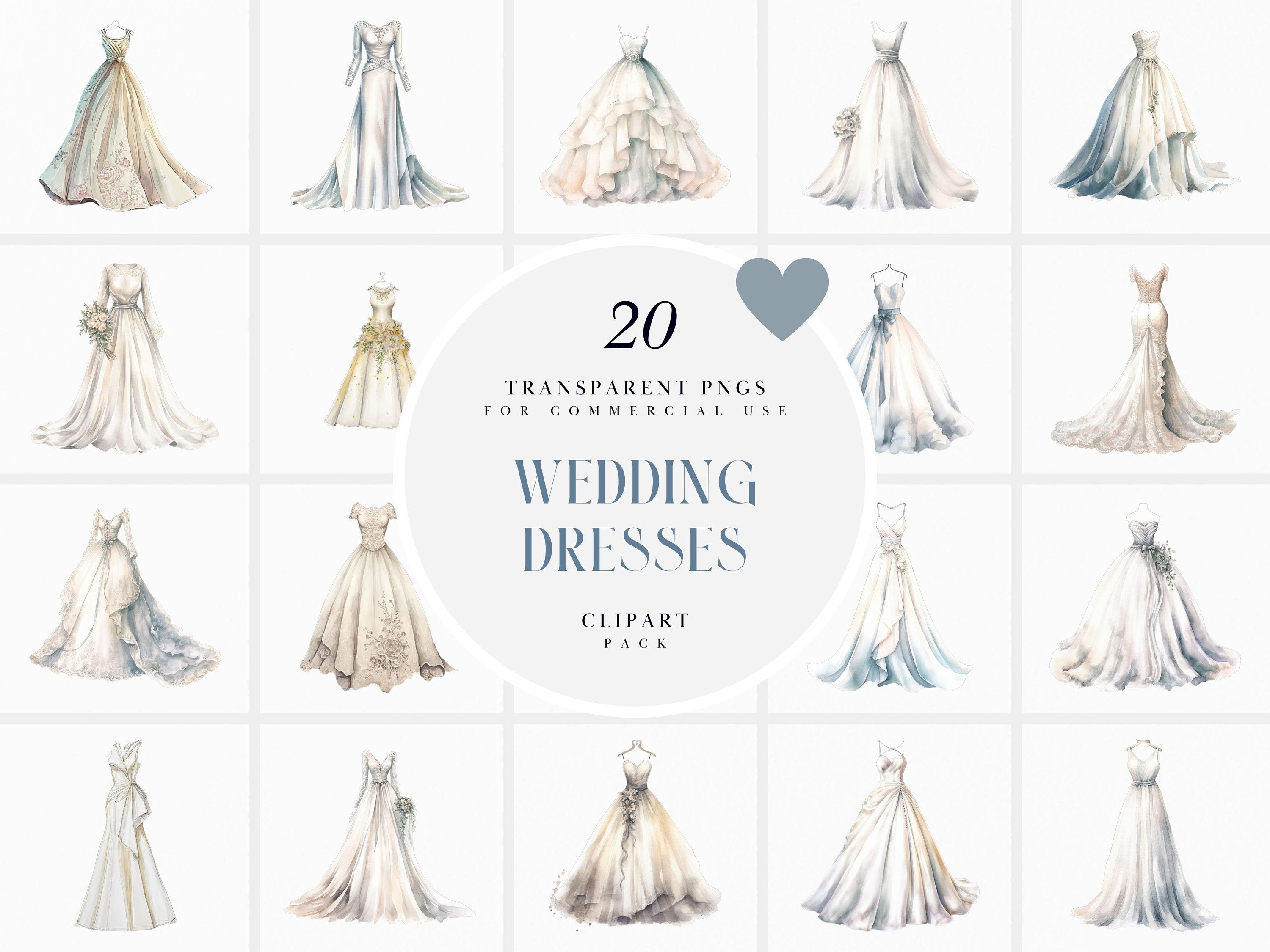Watercolor Wedding Dresses Clipart, White Wedding Dress Clipart, Bridal ...