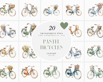 Watercolor Pastel Bicycles Clipart, Cute Bikes Clipart, Dutch Bike Clipart, Girly Bicycles, Instant Download PNG Format for Commercial Use