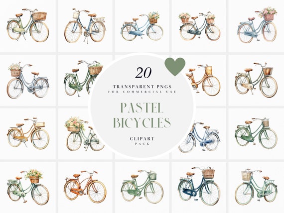 Watercolor Pastel Bicycles Clipart, Cute Bikes Clipart, Dutch Bike Clipart, Girly Bicycles, Instant Download PNG Format for Commercial Use