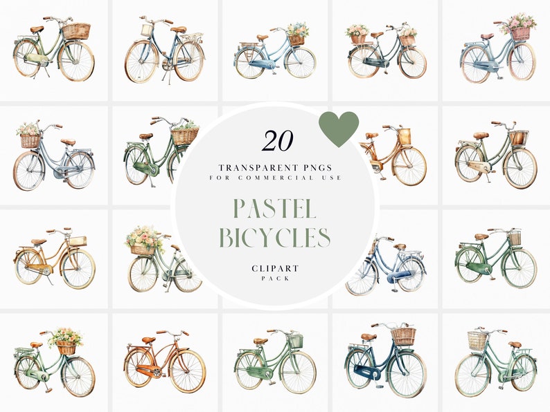 Pode incluir: Um conjunto de 20 ilustra&ccedil;&otilde;es de aquarela de bicicletas em tons pastel com flores em cestos. As bicicletas s&atilde;o de v&aacute;rias cores, incluindo azul, verde, marrom e amarelo. As flores s&atilde;o em tons de rosa, branco e amarelo. As ilustra&ccedil;&otilde;es s&atilde;o perfeitas para adicionar um toque de fantasia aos seus projetos.