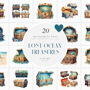 Clipart de tesouro do oceano perdido em aquarela, clipart de baú de tesouro do oceano mágico, clipart de baús de tesouro de pirata de fantasia, PNG para uso comercial