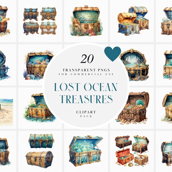 Watercolor Lost Ocean Treasure Clipart, Magical Ocean Treasure Chest Clipart, Fantasy Pirate Treasure Chests Clipart, PNG for commercial use