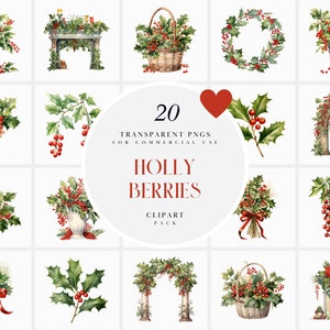 Watercolor Christmas Holly Clipart, Xmas Holly Berries Clipart, Winter Holiday Christmas Berry Tree Clipart, Transparent PNG, Commercial Use